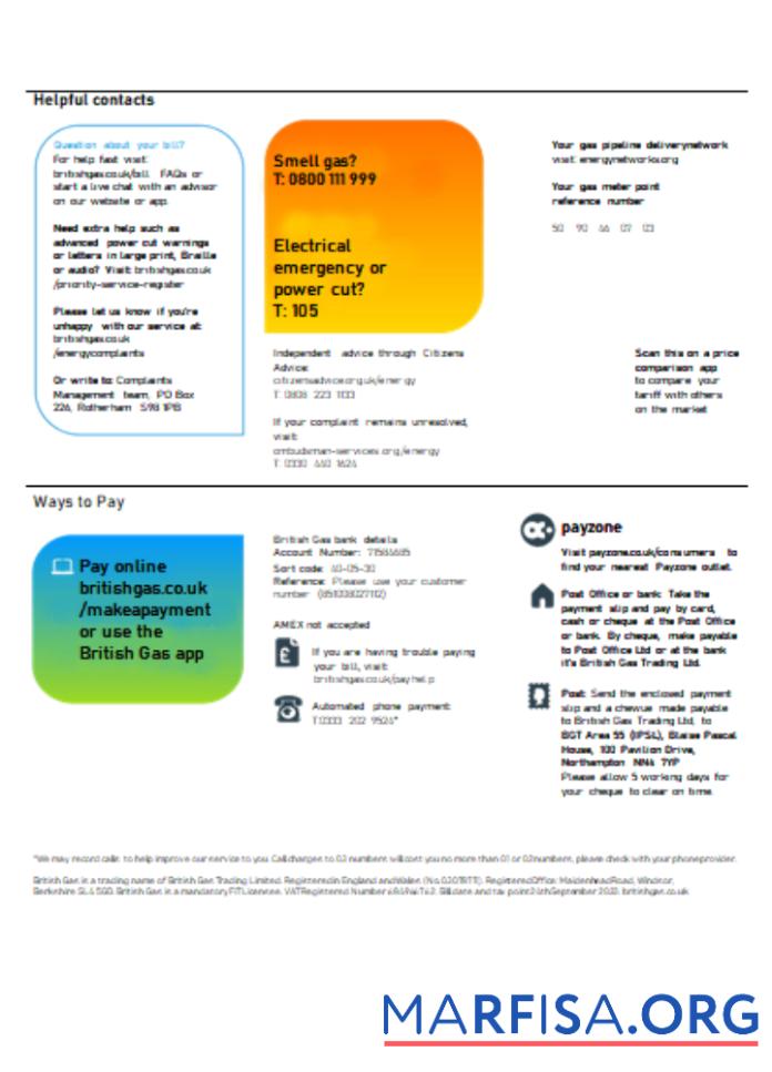 Printable British Gas Energy utility business bill SCR page 3 sample
